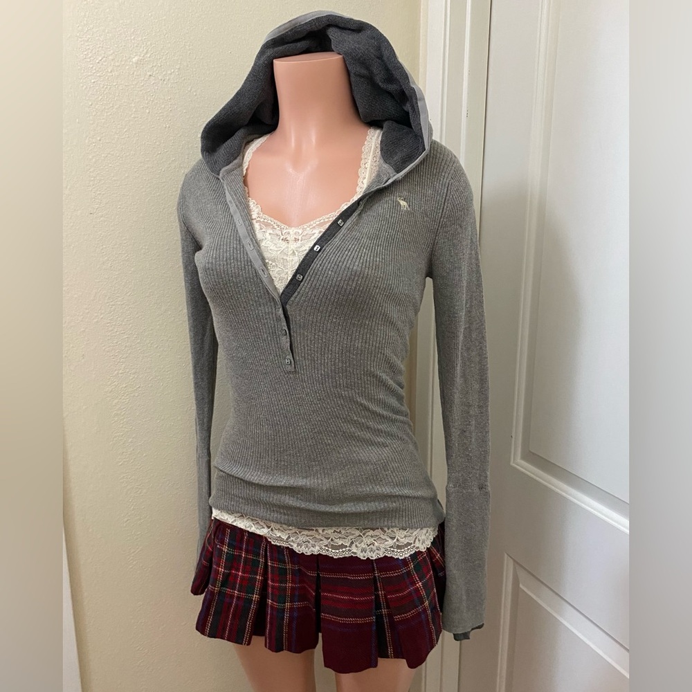 Vintage y2k Abercrombie grey button up ribbed hooded long sleeve top - Picture 10 of 15